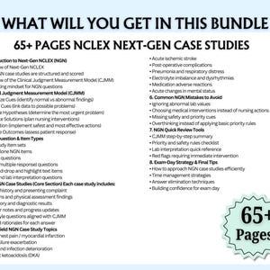Może przedstawiać: Przewodnik do nauki zatytułowany "What Will You Get in This Bundle" z listą studi&oacute;w przypadk&oacute;w NCLEX Next-Gen. Przewodnik zawiera ponad 65 stron informacji na tematy takie jak ocena kliniczna, typy pytań i strategie egzaminacyjne.