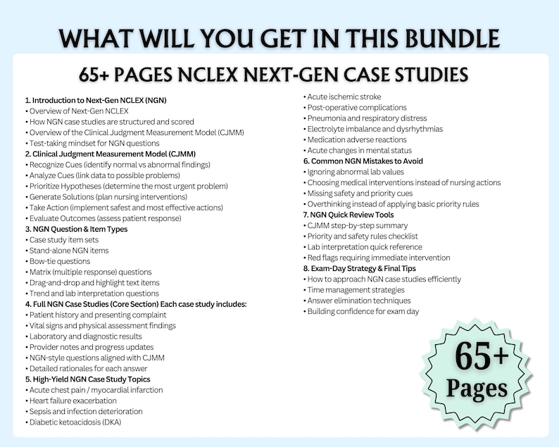 Może przedstawiać: Przewodnik do nauki zatytułowany "What Will You Get in This Bundle" z listą studi&oacute;w przypadk&oacute;w NCLEX Next-Gen. Przewodnik zawiera ponad 65 stron informacji na tematy takie jak ocena kliniczna, typy pytań i strategie egzaminacyjne.