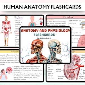 Może przedstawiać: Fiszki z anatomii i fizjologii z ilustracjami ludzkiego ciała, w tym układu szkieletowego, układu oddechowego i nerek. Fiszki zawierają tekst "HUMAN ANATOMY FLASHCARDS" i "ANATOMY AND PHYSIOLOGY FLASHCARDS".