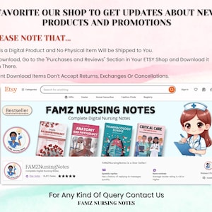 Może przedstawiać: Zrzut ekranu sklepu Etsy "FAMZ NURSING NOTES", oferującego cyfrowe notatki pielęgniarskie. Obraz zawiera miniatury produkt&oacute;w, kresk&oacute;wkową pielęgniarkę oraz tekst o aktualizacjach i szczeg&oacute;łach produkt&oacute;w cyfrowych. Sklep jest sprzedawcą gwiazdą.
