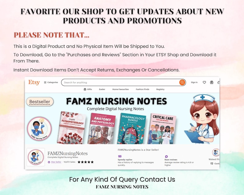 Może przedstawiać: Zrzut ekranu sklepu Etsy "FAMZ NURSING NOTES", oferującego cyfrowe notatki pielęgniarskie. Obraz zawiera miniatury produkt&oacute;w, kresk&oacute;wkową pielęgniarkę oraz tekst o aktualizacjach i szczeg&oacute;łach produkt&oacute;w cyfrowych. Sklep jest sprzedawcą gwiazdą.