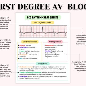 May include: A colorful infographic explaining first-degree AV block, a type of heart rhythm abnormality. The infographic includes a diagram of an electrocardiogram (ECG) tracing, characteristics of the rhythm, management strategies, and treatment options. The text highlights the importance of early detection and management for heart rhythm health.