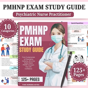 May include: A PMHNP Exam Study Guide with the title "Psychiatric Nurse Practitioner" is displayed. The cover features an illustration of a nurse wearing a mask and stethoscope. The guide includes 125+ pages and covers 10 categories.