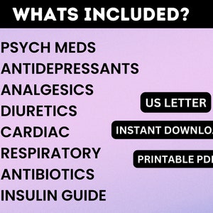 May include: A pink and white graphic with the text "WHATS INCLUDED?" in black. The graphic lists various medical categories, including psych meds, antidepressants, analgesics, diuretics, cardiac, respiratory, antibiotics, and insulin guide. The graphic also includes the text "US LETTER", "INSTANT DOWNLOAD", and "PRINTABLE PDF" in black boxes.