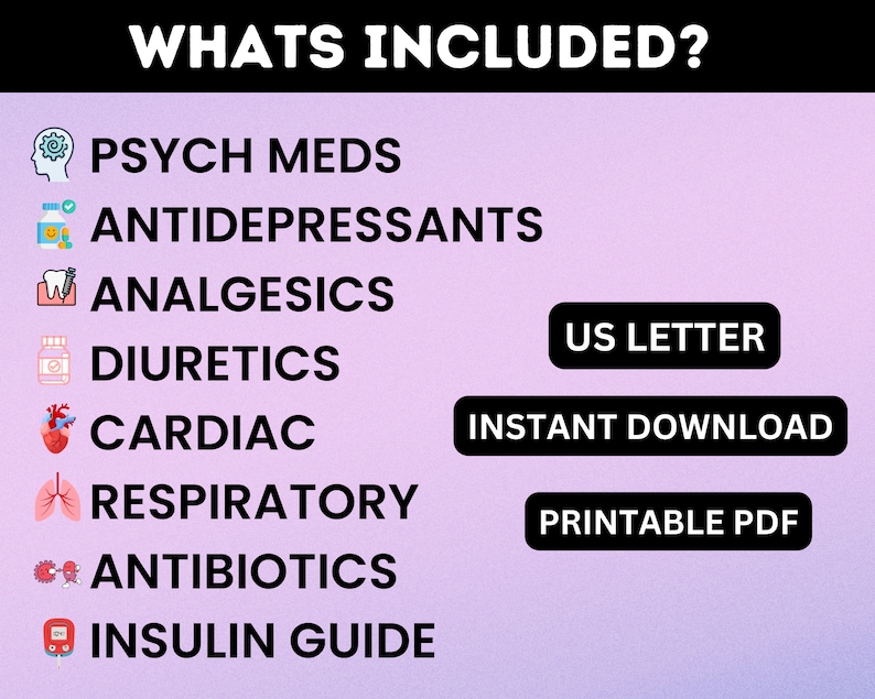 May include: A pink and white graphic with the text "WHATS INCLUDED?" in black. The graphic lists various medical categories, including psych meds, antidepressants, analgesics, diuretics, cardiac, respiratory, antibiotics, and insulin guide. The graphic also includes the text "US LETTER", "INSTANT DOWNLOAD", and "PRINTABLE PDF" in black boxes.