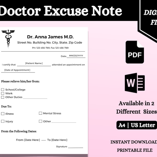 Fillable Doctor Excuse Note | Doctors Note For Work | Work Excuse Template | Doctor Excuse Letter | Medical Excuse Note | Doctors Note | PDF