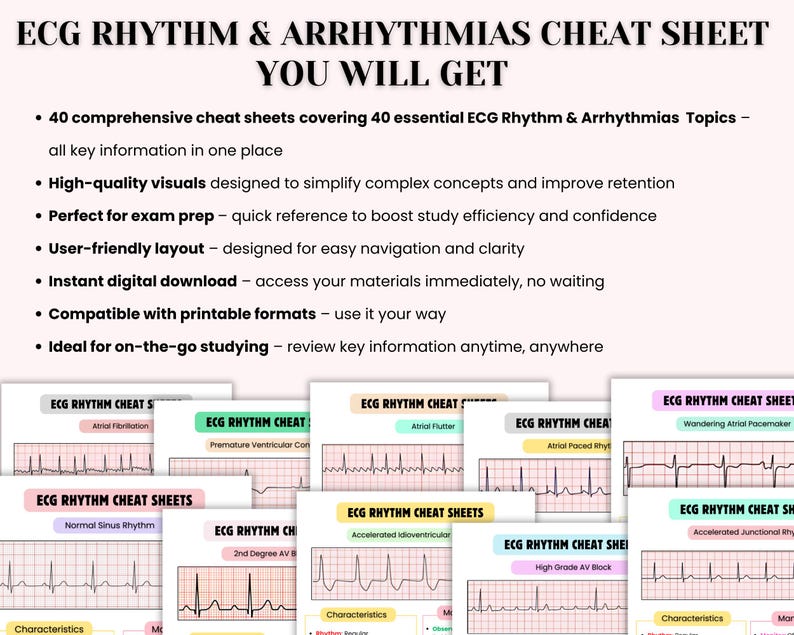 May include: A set of 40 printable cheat sheets for ECG rhythm and arrhythmias. The cheat sheets feature colorful titles and ECG waveforms. The text on the cheat sheets includes "ECG Rhythm Cheat Sheets", "Normal Sinus Rhythm", "Characteristics", "2nd Degree AV Block", "Accelerated Idioventricular", "High Grade AV Block", "Wandering Atrial Pacemaker", "Accelerated Junctional Rhythm", "Atrial Flutter", "Atrial Paced Rhythm", "Premature Ventricular Contractions", "Atrial Fibrillation".