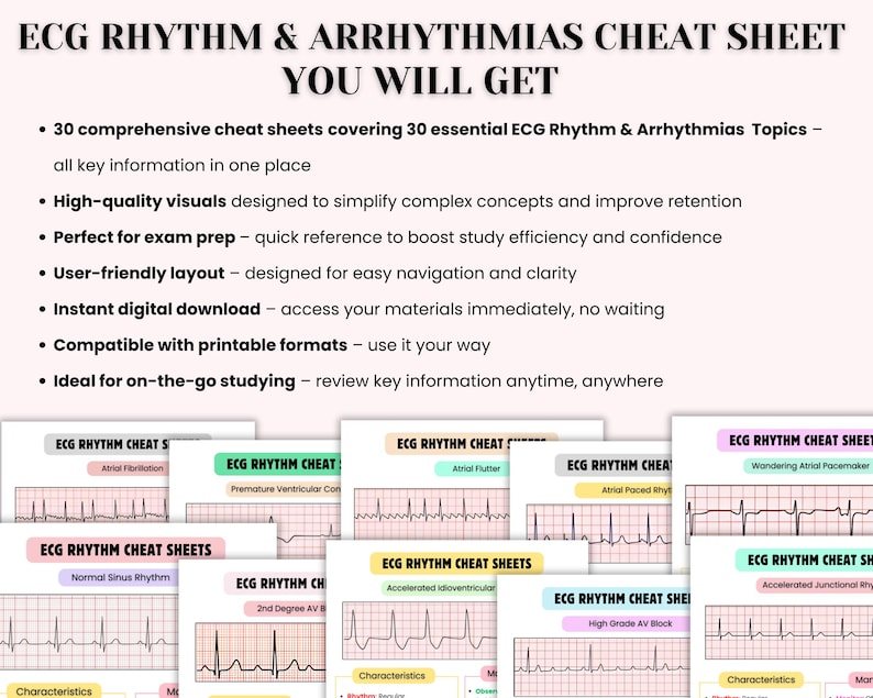 May include: A set of 30 printable cheat sheets for ECG rhythm and arrhythmias. Each sheet features a different ECG rhythm with a description and characteristics. The sheets are designed to help students and professionals learn and understand ECG rhythms.
