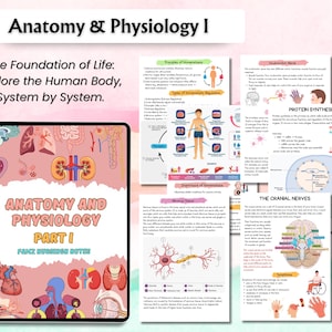 Może przedstawiać: Materiały edukacyjne z anatomii i fizjologii I. Obraz przedstawia tablet z okładką podręcznika z tytułem "Anatomia i fizjologia część I". Widoczne są r&oacute;wnież szczeg&oacute;łowe schematy anatomiczne.