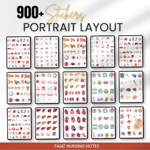 May include: A digital tablet screen displaying 900+ stickers of various human organs and medical illustrations. The text "900+ Stickers Portrait Layout" and "Famz Nursing Notes" are visible on the screen.