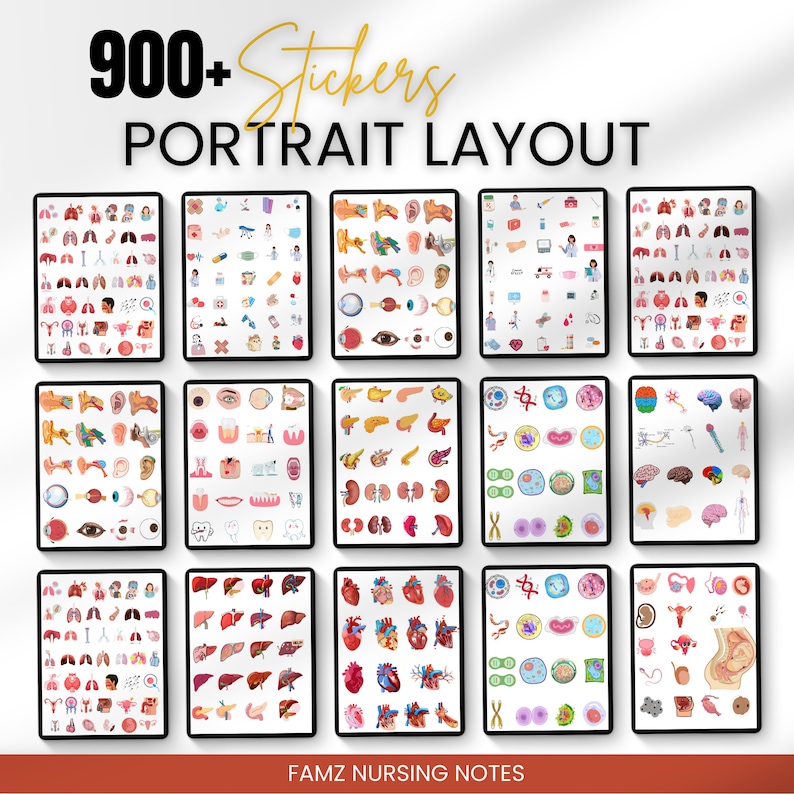 May include: A digital tablet screen displaying 900+ stickers of various human organs and medical illustrations. The text "900+ Stickers Portrait Layout" and "Famz Nursing Notes" are visible on the screen.