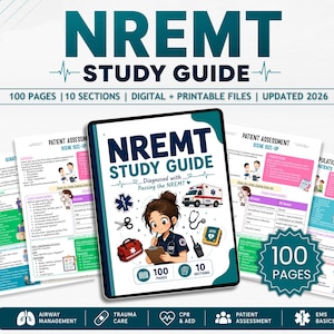 May include: A digital NREMT study guide featuring 100 pages and 10 sections. The cover displays a cartoon medical professional with a clipboard, an ambulance, a stethoscope, a radio, and a first aid kit. The text reads NREMT STUDY GUIDE.