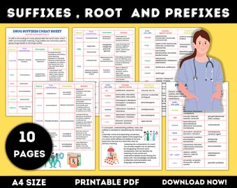 Guia de estudo do sufixo do prefixo de farmacologia | Folhas de dicas sobre sufixos de drogas | Mais de 80 sufixos mais comuns, raízes e prefixos | Notas de Enfermagem | 10 páginas
