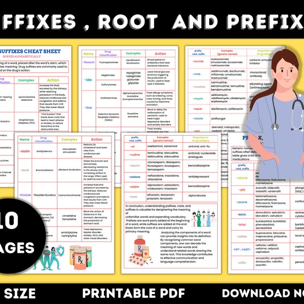 Pharmacology Prefix Suffix Study Guide | Drug Suffixes Cheat Sheets | 80+ Most Common Suffixes Roots and Prefixes | Nursing Notes | 10 Pages