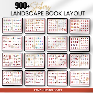 May include: A digital planner layout with 900+ stickers for nursing students. The stickers feature various anatomical illustrations, including organs, bones, and body systems. The layout is designed for landscape orientation and includes the text "FAMZ NURSING NOTES".