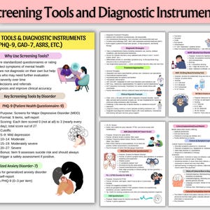 May include: A detailed infographic titled "Screening Tools and Diagnostic Instruments" with text and illustrations. The document covers various mental health screening tools, including PHQ-9, GAD-7, and ASRS, with explanations of their purposes, formats, and scoring methods.