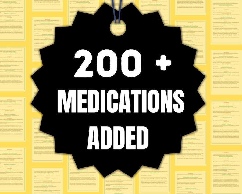 Pode incluir: Etiqueta preta com texto branco que diz "200+ MEDICAMENTOS ADICIONADOS" sobre um fundo amarelo de muitos quadrados pequenos brancos com texto.