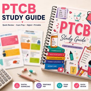 May include: A spiral-bound "PTCB Study Guide" with the title in pink. The cover features illustrations of a prescription bottle, mortar and pestle, and a clipboard. The guide includes sections on pharmacology, medication safety, and pharmacy law.