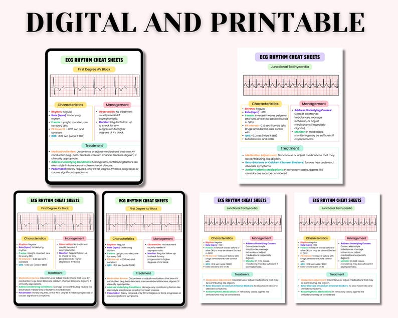 May include: Set of eight printable digital cheat sheets for ECG rhythms. Each sheet features a different rhythm, including First Degree AV Block, Junctional Tachycardia, and more. The sheets include characteristics, management, and treatment information.