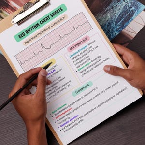 May include: A close-up of a cheat sheet for ECG rhythms, focusing on premature ventricular contractions (PVCs). The sheet includes a diagram of a PVC, management tips, and treatment options, such as beta-blockers, antiarrhythmics, and catheter ablation.