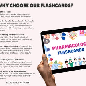 May include: A tablet computer displaying a digital pharmacology flashcards set. The screen shows a colorful illustration of medical professionals and medical supplies. The text "PHARMACOLOGY FLASHCARDS" is displayed in pink and blue letters.