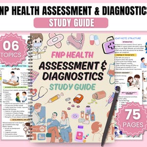 Könnte beinhalten: Ein Studienführer mit dem Titel "FNP Health Assessment & Diagnostics" mit dem Text "Study Guide" in Rosa. Der Führer zeigt Illustrationen von medizinischen Werkzeugen und Personen, mit dem Text "06 Topics" und "75 Pages" in Rosa.
