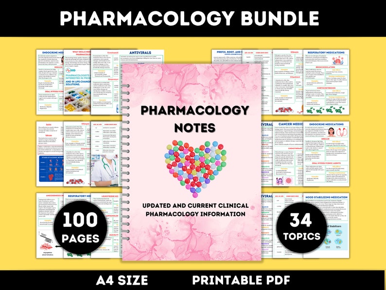 Pode incluir: Um pacote de notas de farmacologia em PDF imprim&iacute;vel de 100 p&aacute;ginas com 34 t&oacute;picos em rosa e branco. A capa apresenta uma forma de cora&ccedil;&atilde;o feita de p&iacute;lulas coloridas com o texto "Pharmacology Notes" e "Updated and Current Clinical Pharmacology Information".
