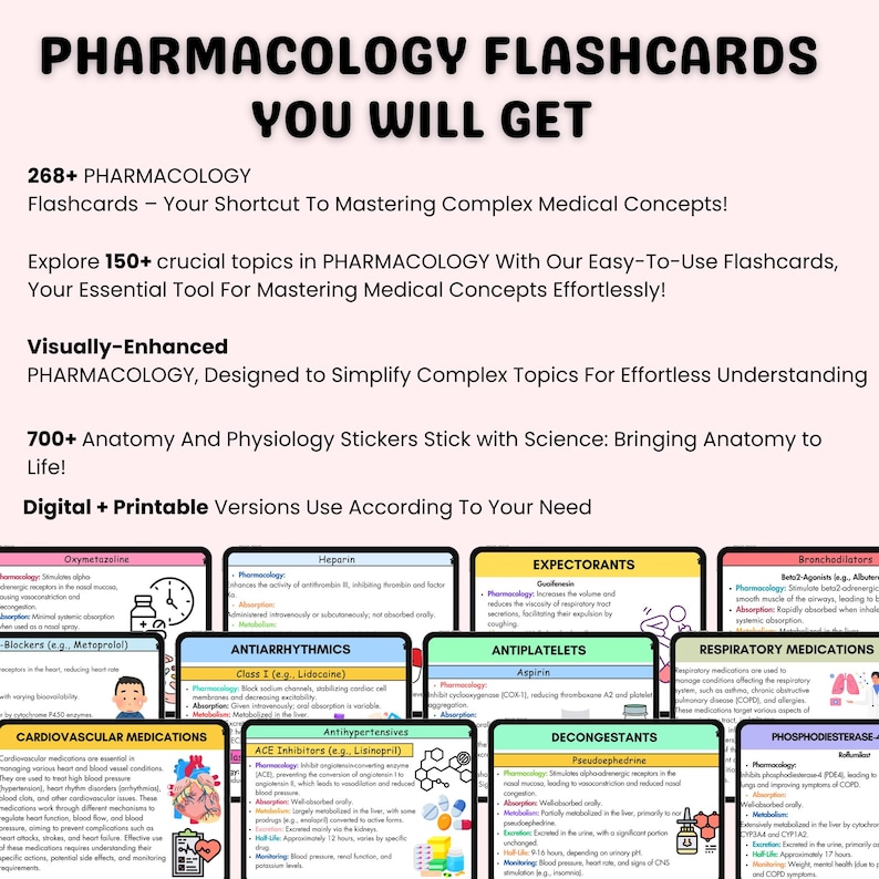 May include: A colorful set of flashcards for studying pharmacology. The flashcards feature different categories of medications, including cardiovascular medications, antiarrhythmics, antihypertensives, ACE inhibitors, expectorants, antiplatelets, decongestants, bronchodilators, respiratory medications, and phosphodiesterase inhibitors. The flashcards are visually enhanced with illustrations and text.