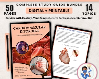 May include: A digital study guide bundle for cardiac nursing students. The cover features a red heart with red blood cells and the text "Cardiovascular Disorders". The bundle includes 50 pages and 14 topics.