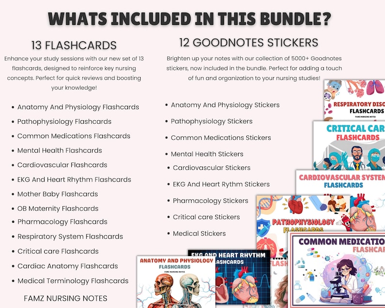 May include: A set of 13 flashcards and 12 Goodnotes stickers for nursing students. The flashcards cover topics like anatomy and physiology, pathophysiology, common medications, mental health, cardiovascular, EKG and heart rhythm, mother baby, OB maternity, pharmacology, respiratory system, critical care, cardiac anatomy, and medical terminology. The Goodnotes stickers are perfect for adding a touch of fun and organization to your nursing studies.