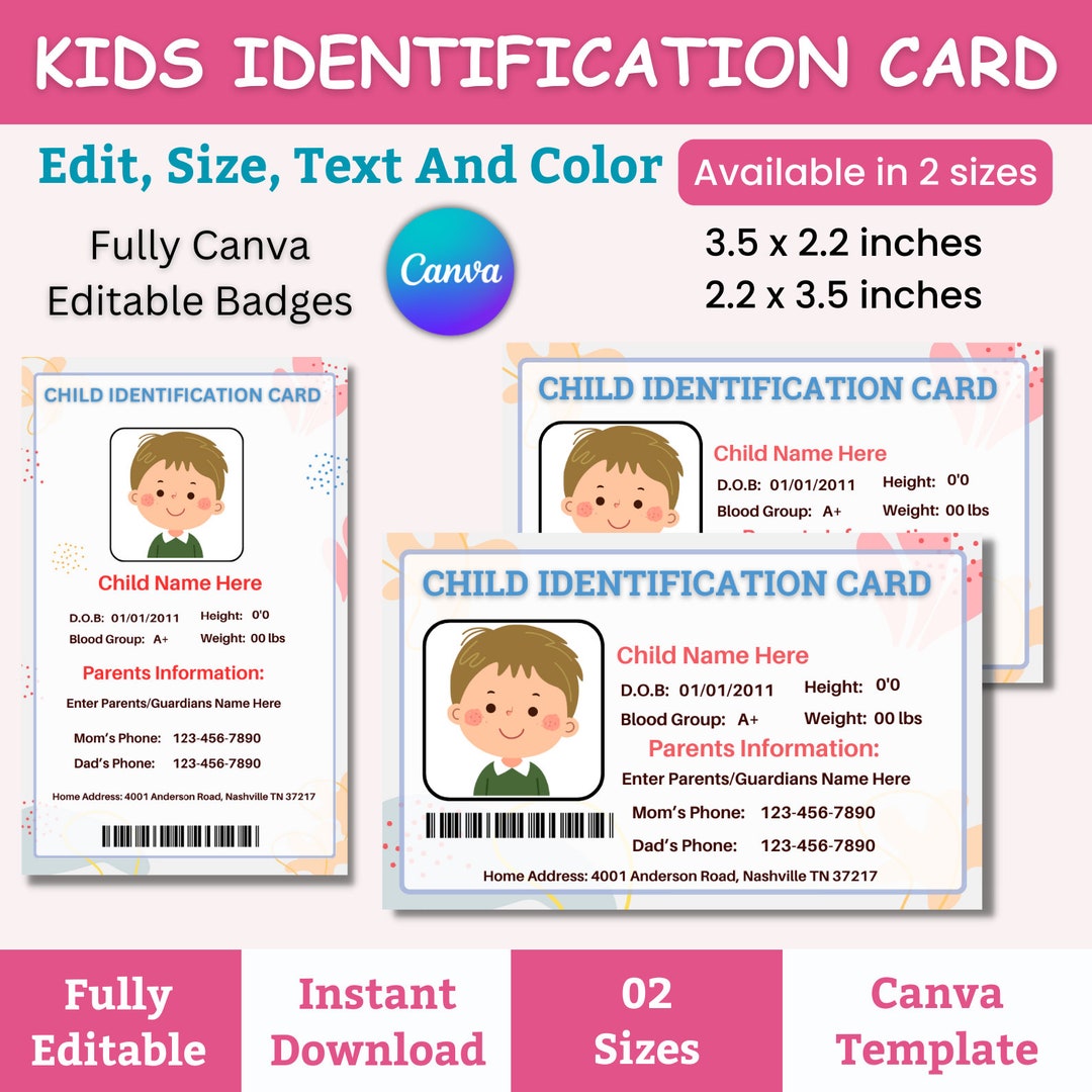 Kids ID Card Template Child Identification Card Pretend Play ID Badge