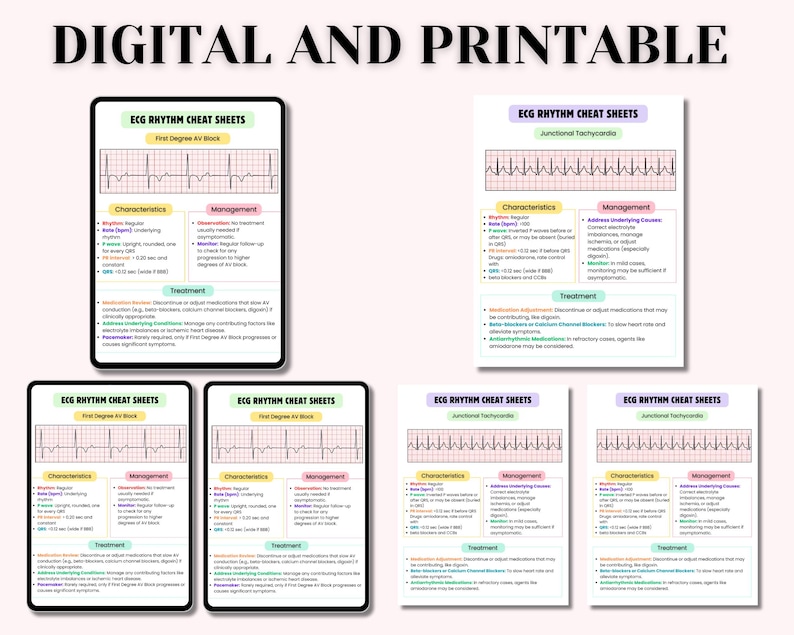 May include: Set of eight printable digital cheat sheets for ECG rhythms. Each sheet features a different rhythm, including First Degree AV Block, Junctional Tachycardia, and more. The sheets include characteristics, management, and treatment information.