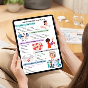 Może przedstawiać: Osoba trzyma tablet z napisem "TIME MANAGEMENT STRATEGIES". Ekran wyświetla tekst i ilustracje dotyczące zarządzania czasem, w tym "Zasada 30-60-90 sekund" i "Scan in Layers". Tablet jest trzymany na kolanach osoby.