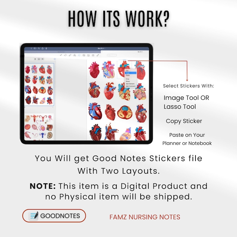 May include: A screenshot of a digital planner app showing a grid of anatomical heart illustrations. The text "HOW ITS WORK?" is at the top of the image. The text "Select Stickers With: Image Tool OR Lasso Tool Copy Sticker Paste on Your Planner or Notebook" is on the right side of the image. The text "You Will get Good Notes Stickers file With Two Layouts." is below the image. The text "NOTE: This item is a Digital Product and no Physical item will be shipped." is below the previous text. The text "GOODNOTES" is in a blue box with a white pen icon. The text "FAMZ NURSING NOTES" is below the blue box.