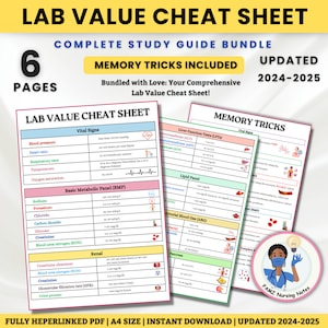 May include: A six-page study guide bundle for nurses featuring a cheat sheet of lab values with memory tricks. The guide includes vital signs, liver function tests, lipid panel, basic metabolic panel, arterial blood gas, and renal values. The guide is updated for 2024-2025.