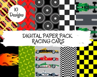 May include: Digital paper pack with 10 designs featuring racing cars, checkered flags, flames, and tire tread patterns. The designs are in black, white, red, yellow, green, and orange.