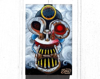 Steampunk skull painting on small wood block, acrylic paint, highly detailed, train inspired surreal expressionism