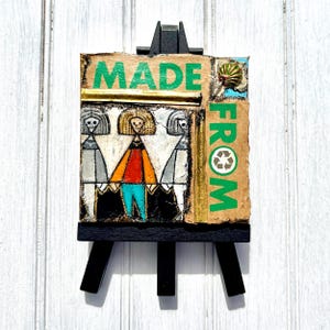 Mixed media, acrylic painting assemblage on mini canvas, outsider folk art, with easel included, an original by Sean M Erbe