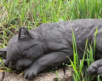 stoneandstyle Steinfigur große Katze schlafend schwarz lebensecht frostfest Gartenfigur Steinguss