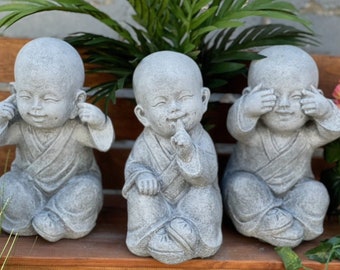Conjunto de 3 figuras de pedra representando monges Shaolin, 26 cm, resistentes à geada – não veja o mal, não ouça o mal, não fale o mal, decoração de jardim, pedra fundida, presente artesanal