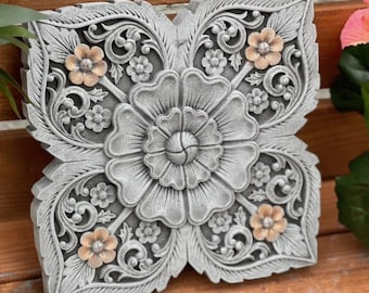 Muurreliëf van steen met mandala-bloemmotief, vorstbestendig – meditatieve bloemdecoratie, tuindecoratie, handgemaakt cadeau van gegoten steen
