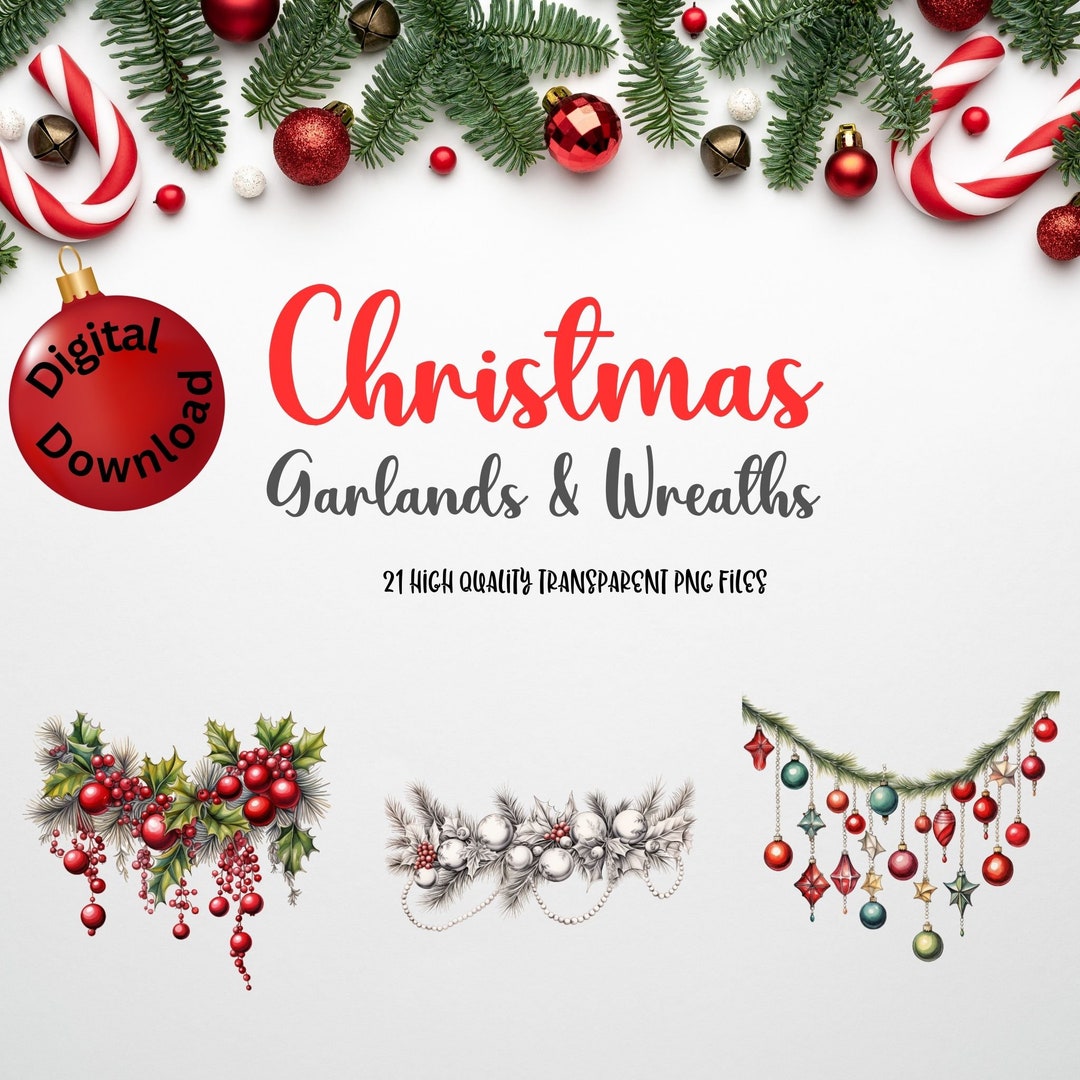 21 Christmas Garland & Wreath Clipart High Quality Jpgs Etsy UK