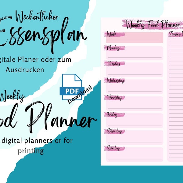 Weekly menu planner 5 pieces in 5 colors Meal planner in PDF