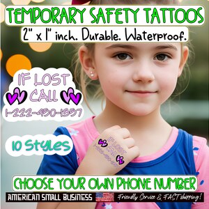 4 Tatuajes de seguridad para niños personalizados con número de teléfono Contacto temporal de emergencia SI SE PIERDE LLAMADA Pegatinas Tatuaje - 10 opciones - Arte corporal falso