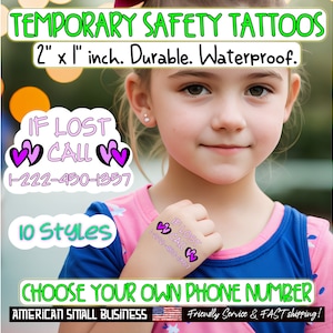 2 tatuajes de seguridad para niños personalizados con número de teléfono Contacto temporal de emergencia SI SE PIERDE LLAMADA Pegatinas Tatuaje - 10 opciones - Arte corporal falso