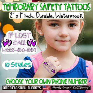 6 Tatuajes de seguridad para niños personalizados con número de teléfono Contacto temporal de emergencia SI SE PIERDE LLAMADA Pegatinas Tatuaje - 10 opciones - Arte corporal falso