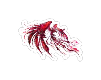 May include: A red and pink watercolor illustration of a phoenix with its wings spread wide. The phoenix is depicted in flight with its tail feathers trailing behind it.