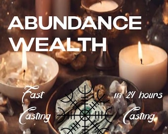 Op de afbeelding: Een donkere kom met Amerikaanse dollarbiljetten en kristallen, omringd door brandende kaarsen. De tekst ABUNDANCE WEALTH staat bovenaan, met Fast Casting in 24 hours Casting geschreven in een decoratief cursief lettertype.