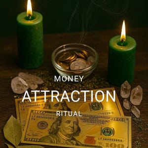 Può includere: Due candele a colonna verdi con fiamme accese, una ciotola di vetro piena di monete, diversi cristalli trasparenti e tre foglie di alloro disposte attorno a due banconote da cento dollari dorate. Il testo MONEY ATTRACTION RITUAL è centrato.