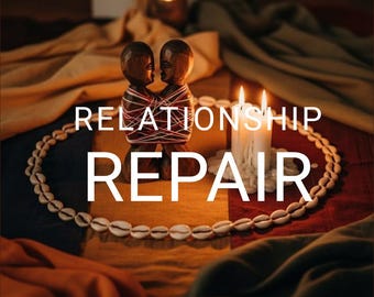 May include: Two dark brown wooden figures bound together with red and white thread, positioned inside a circular arrangement of small white cowrie shells. Two white pillar candles stand nearby, and the text RELATIONSHIP REPAIR is centred.